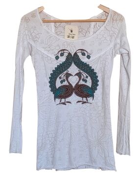 Olive Jane White Semi-sheer Long-Sleeve Tee with Peacock Embroidery S Bohemian